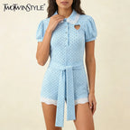 Dreamy Blue Polka Dot Puff Sleeve With Cutout Lace Trim