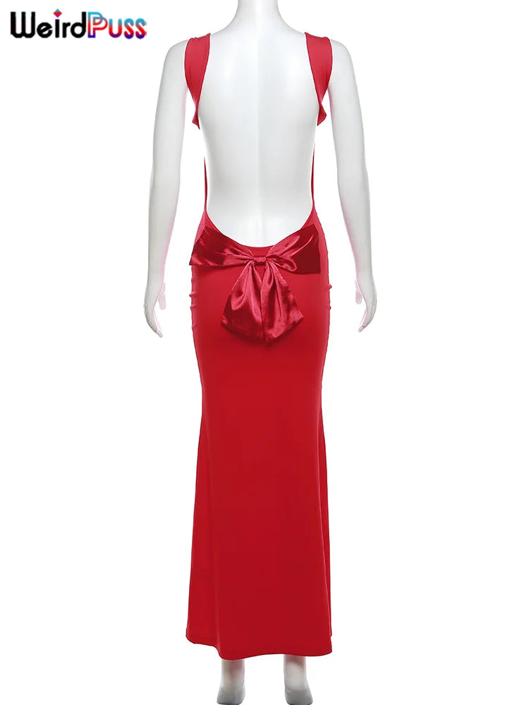 Chic Backless Maxi Dress With Bow Lace Up Details For Evening