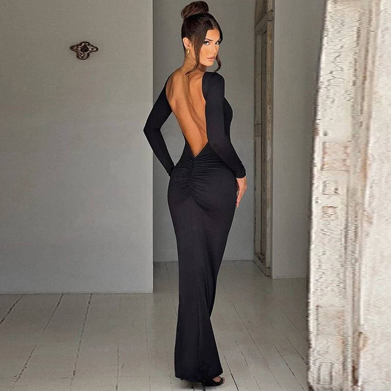 Elegant Backless Long Sleeve Maxi Dress With Bodycon Fit