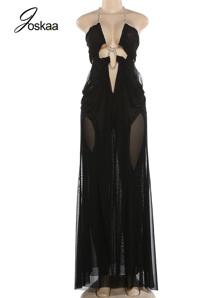 Backless Mesh Beach Dress With Halter Chain Deep V Ruched