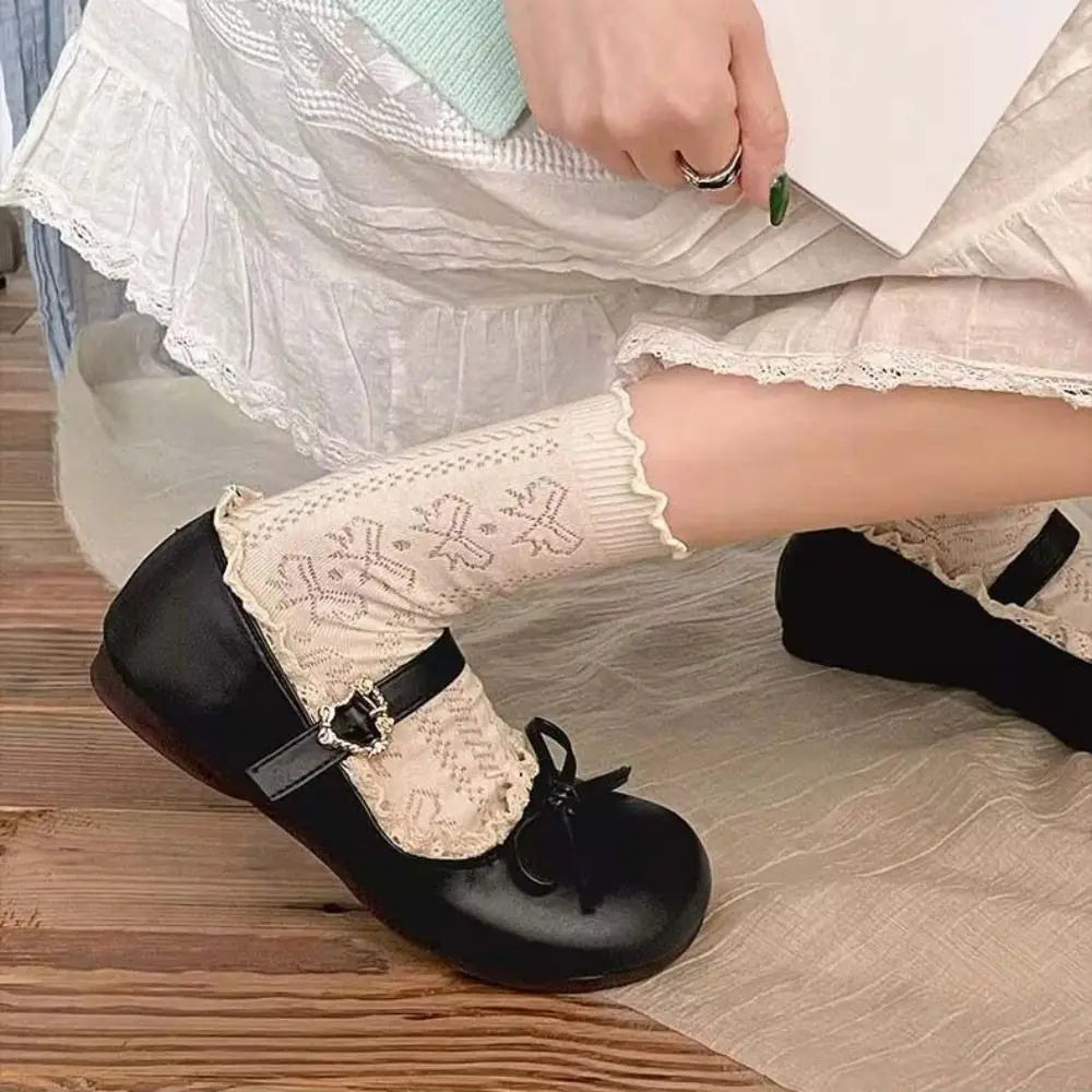 Lolita Inspired Mary Jane Flats With Bow Lace Pu Leather Soft Sole Slip On