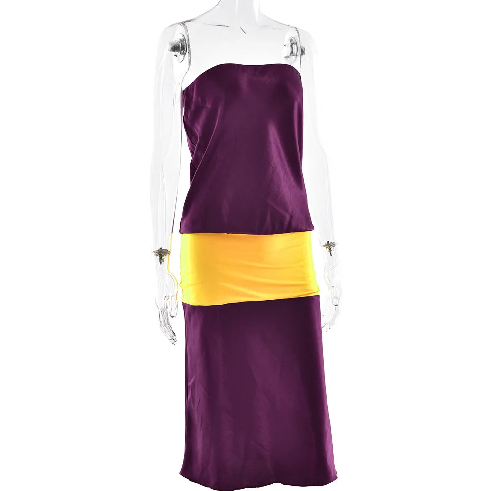 Patchwork Strapless Two Piece Set For Casual Chic Off Shoulder Sleeveless Top And Skirt