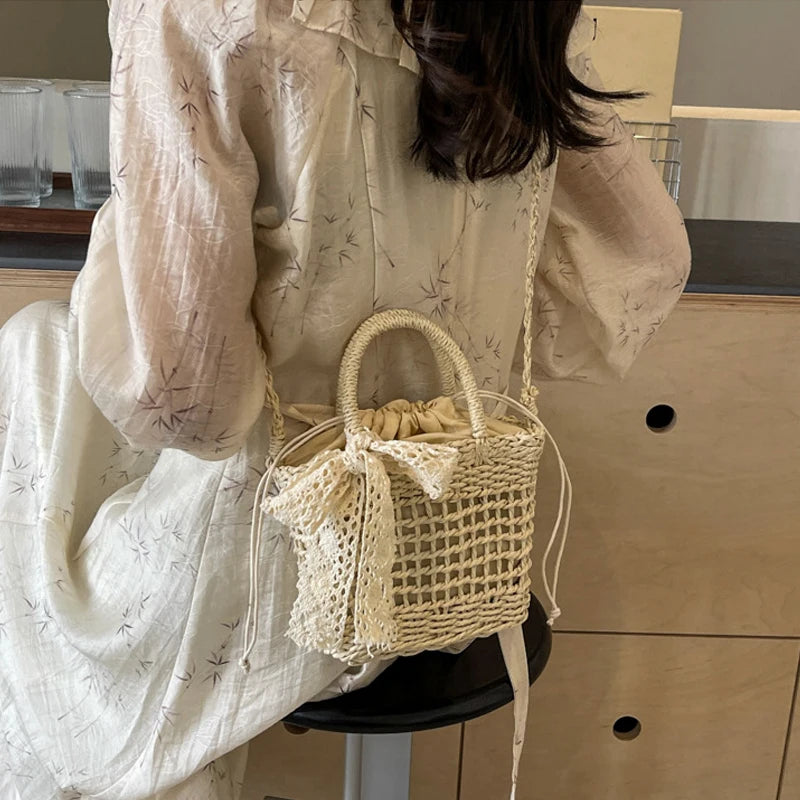 Lace Bow Straw Weave Crossbody Bag Summer Beach Style Small Bucket Elegant And Lightweight