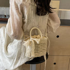 Lace Bow Straw Weave Crossbody Bag Summer Beach Style Small Bucket Elegant And Lightweight