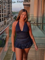Polka Dot V Neck Halter Top Set With High Waist Ruffle Hem Mini Skirt