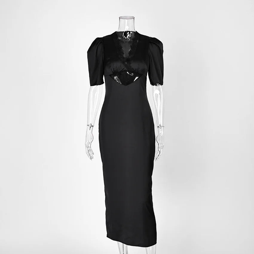 Hollow Out Patchwork Lace Dress With V Neck Short Sleeve High Waist Slim Fit