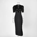 Hollow Out Patchwork Lace Dress With V Neck Short Sleeve High Waist Slim Fit