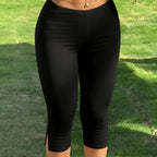 Women's Y2K Street Style Black Slim Fit Capri Pants Side Slit Design