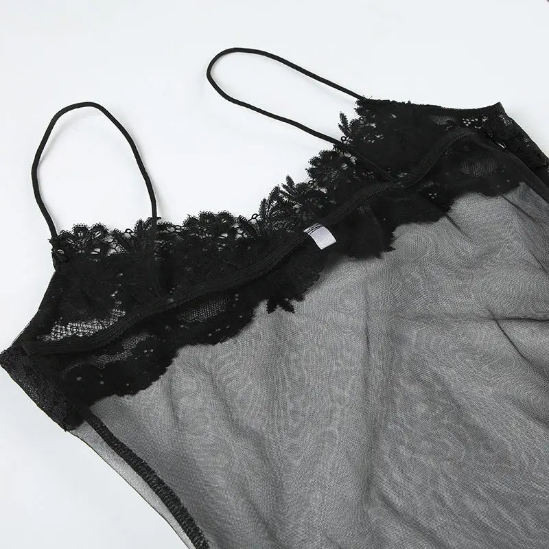 Sheer Lace Mesh Camisole Mini Dress