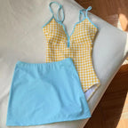 Sunny Gingham Spaghetti Strap V Neck One Piece Swimsuit With Lace Up Detailing And Light Blue Cover Up Skirt