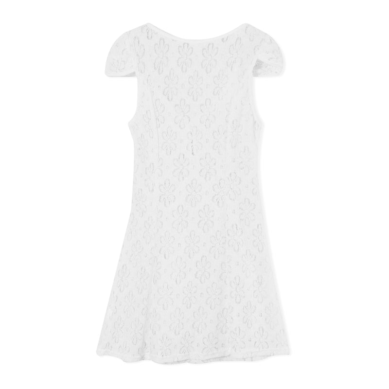 Sheer Lace Mini Dress With V Neck Short Sleeves Hollow Details