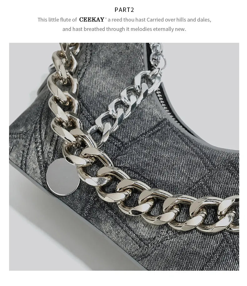 Denim Daydream Shoulder Bag With Chain Accent