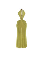 Elegant Halter Hollow Dress With Beaded Backless Mesh Patchwork