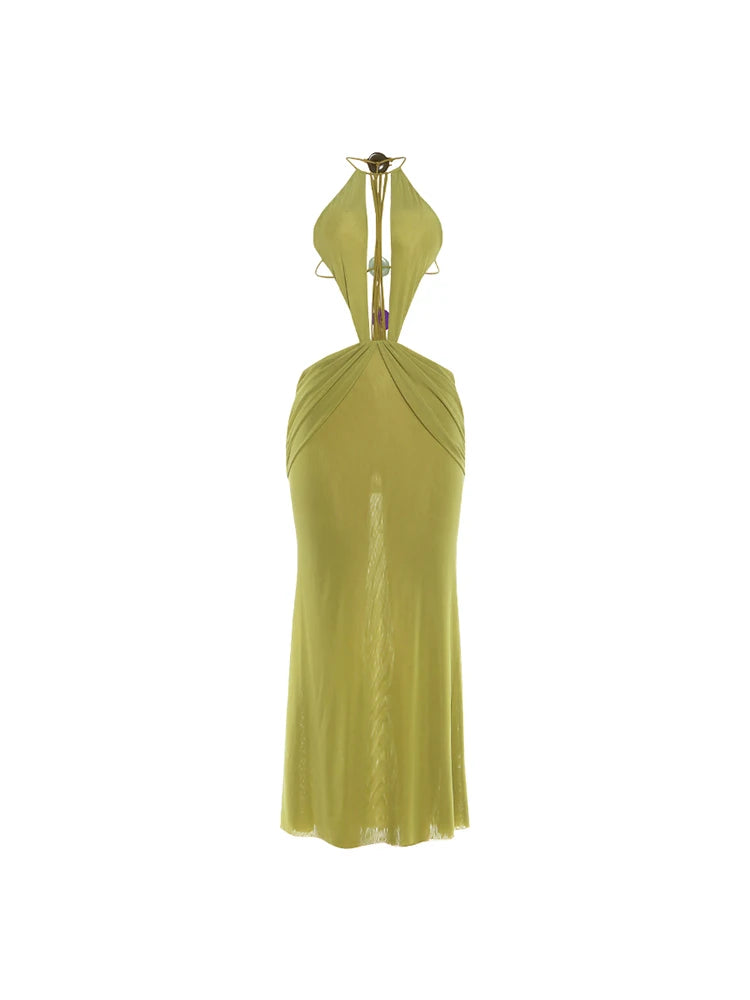 Elegant Halter Hollow Dress With Beaded Backless Mesh Patchwork