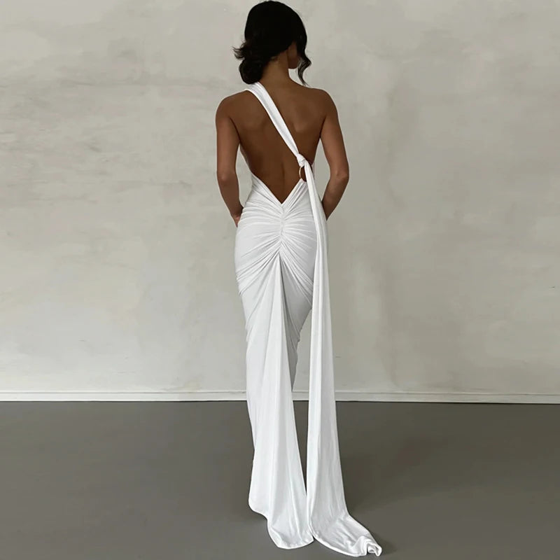 One Shoulder Backless Ruched Dress