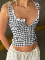 Retro Plaid Tank Top With Lace Trim Sleeveless Cropped Button Down Backless