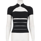 Hollow Stand-Up Collar Shirt With Ultra Slim Fit Short Sleeve Black Top