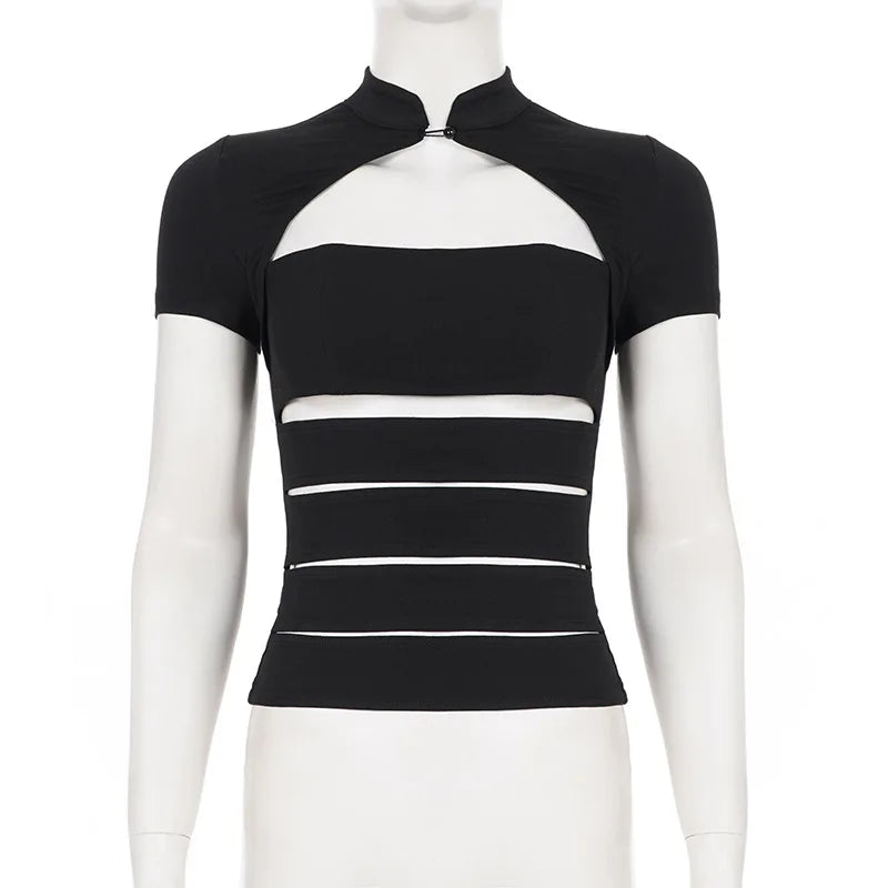 Hollow Stand-Up Collar Shirt With Ultra Slim Fit Short Sleeve Black Top