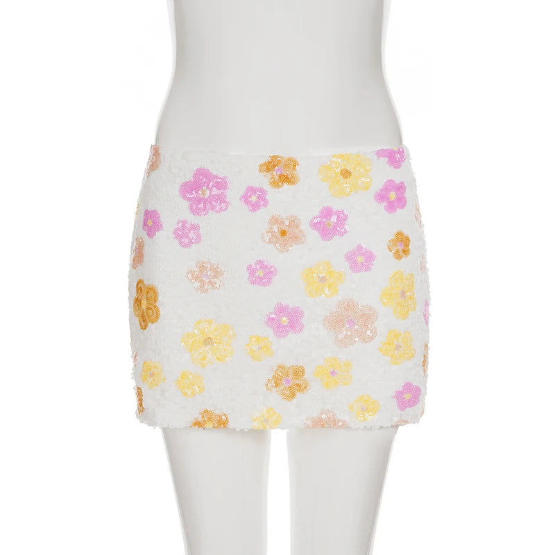 Colorful Floral Sequin Mini Skirt Low Waist Bodycon