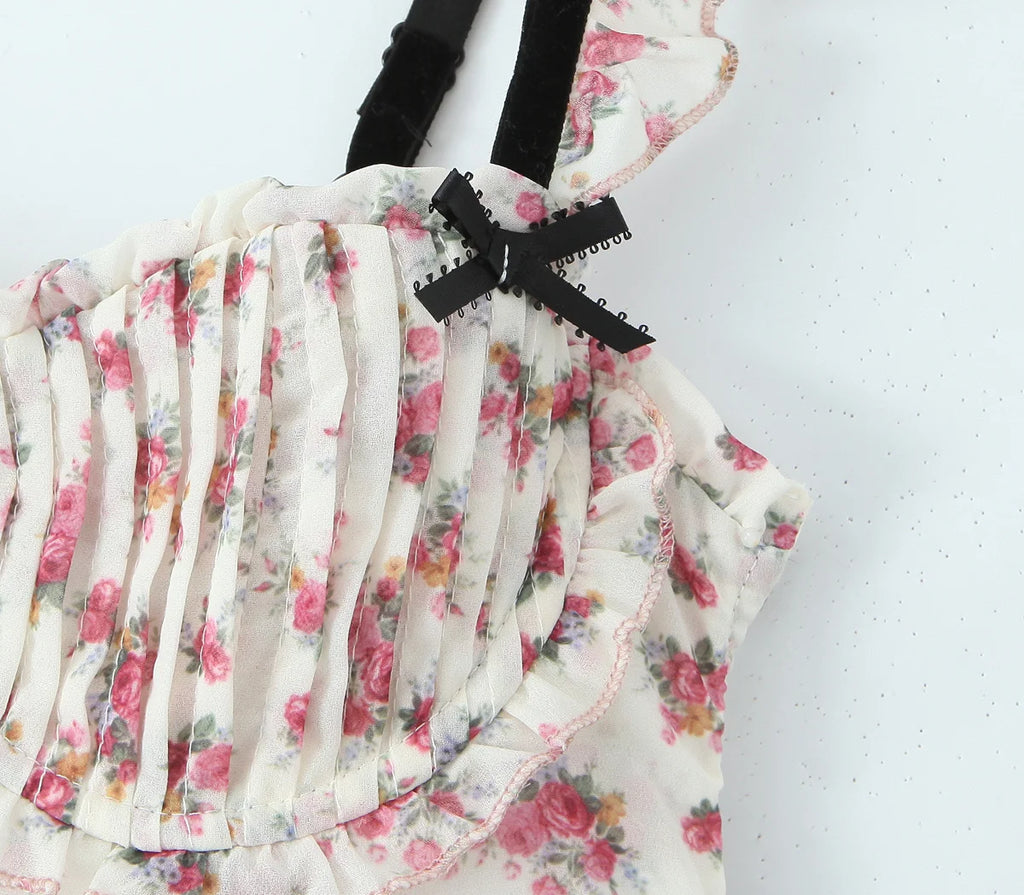 Floral Print Women Sexy Hollow Out Backless A-line Sling Mini Dress