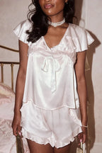 Lady Ice Silk Ruffles Hem Top Shorts Set Two Piece