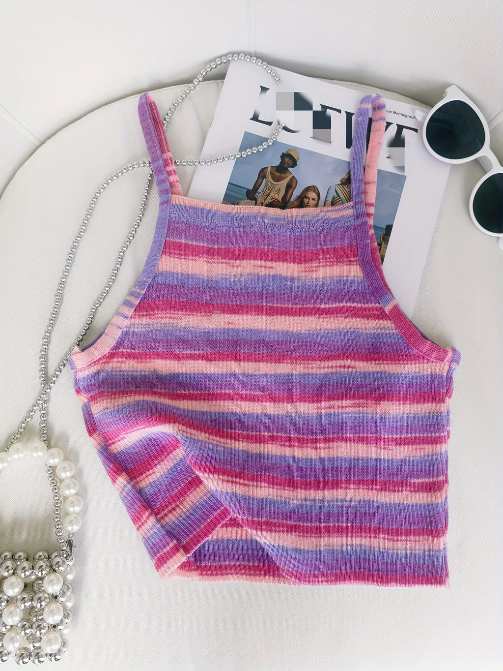 Striped Ribbed Knit Cami Top With Square Neck Sleeveless Rainbow Crop