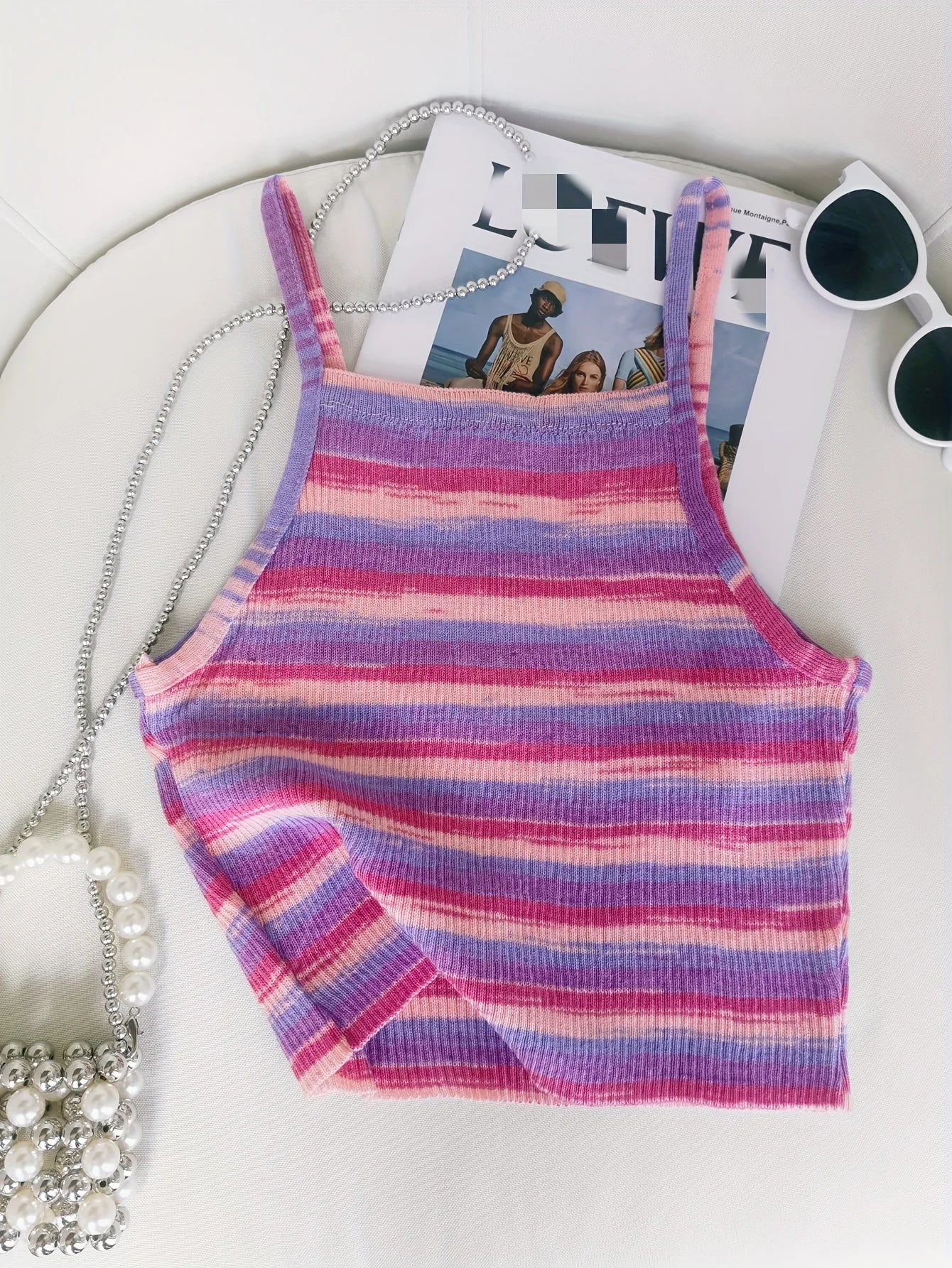 Striped Ribbed Knit Cami Top With Square Neck Sleeveless Rainbow Crop