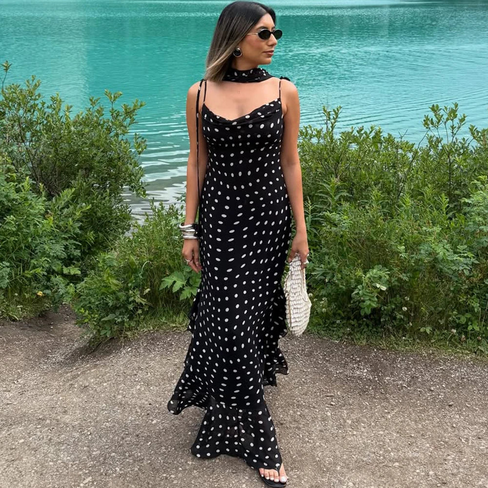 Elegant Polka Dot Halter Sleeveless Maxi Dress With Pleated Skirt And Ribbon Scarf