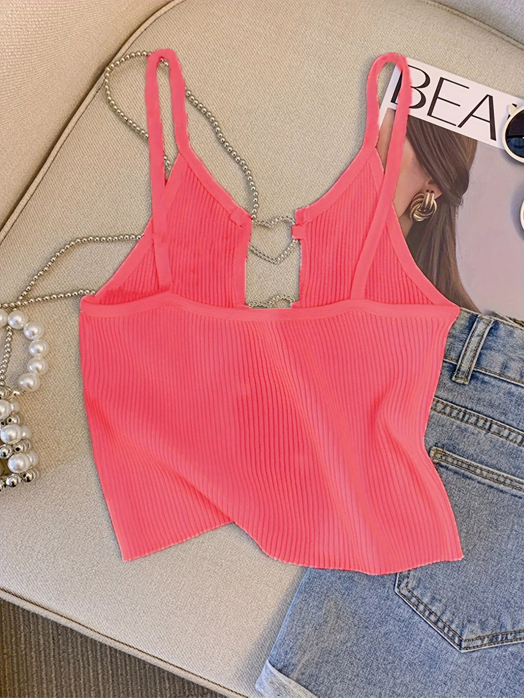 Ribbed Crop Top With Sleeveless Back Heart Decor Cami
