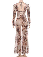 Leopard Print See Through Maxi Dress With O Neck Long Sleeves Backless Cross Bandage Detail