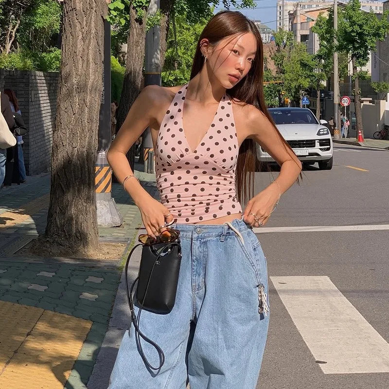 Polka Dot Off Shoulder Backless Camisole Tank Top
