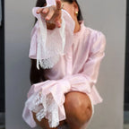 Fashion High Neck Asymmetric Women's Puff Sleeve Trim Ruffle Pink Single-breasted Blouse
