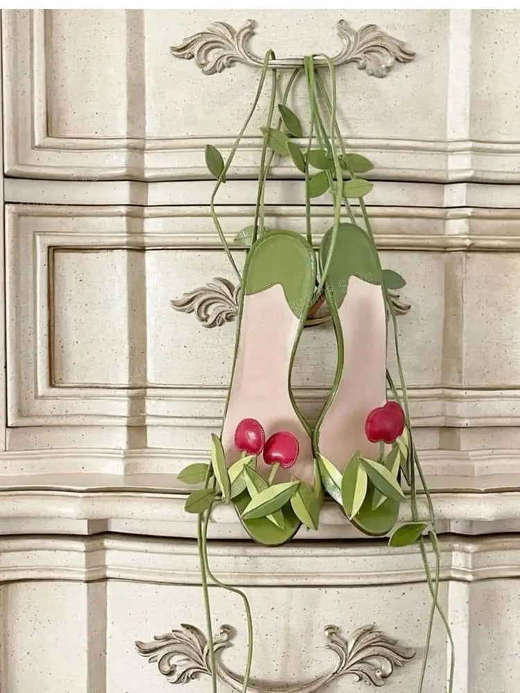 Cherry Charm Strappy Green Sandals