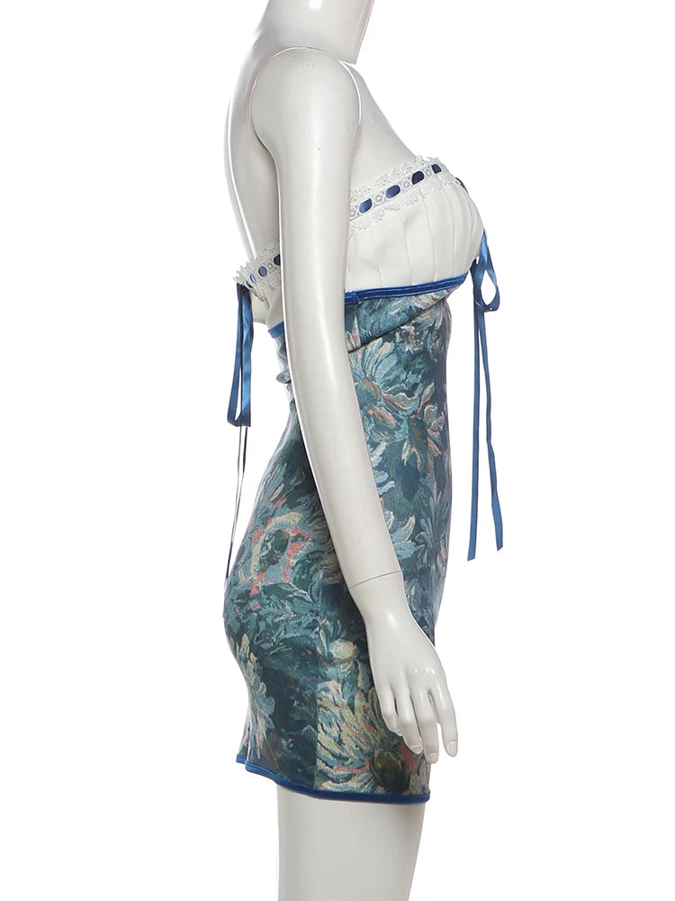 Ribbon Bow Women Lace Patchwork Art Print Folds Mini Body-con Dress