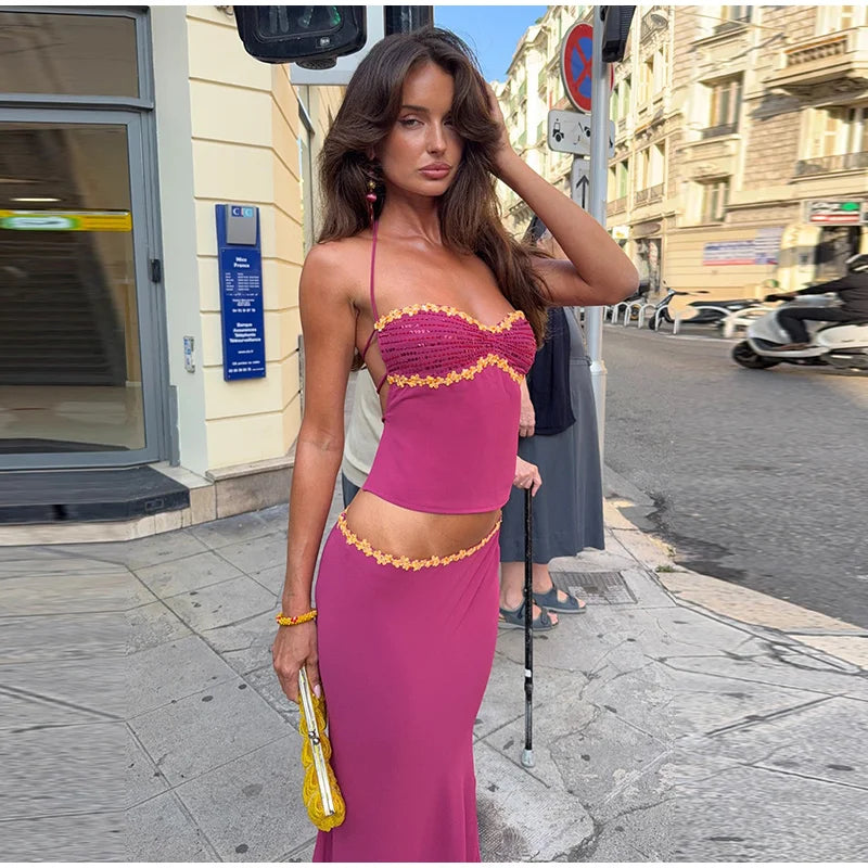 Sequined Beach Two Piece Set Halter Top And Skirt