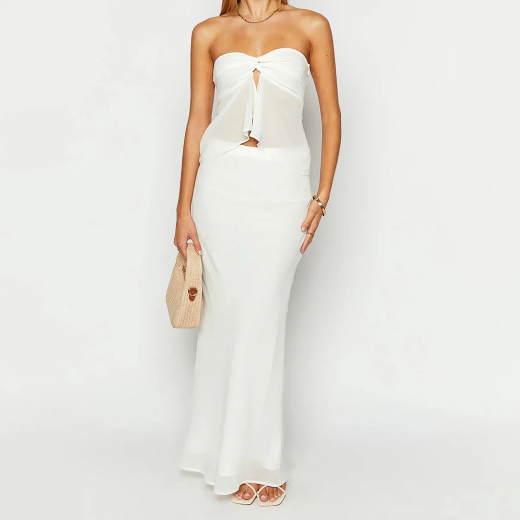 Off Shoulder Two Piece Tube Top And Layered Ruffle Maxi Skirt Set