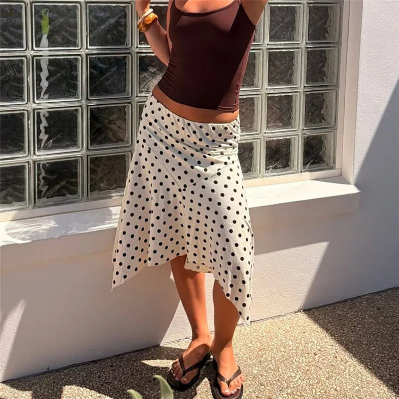 Retro Polka Dot Asymmetrical Midi Skirt With High Waist Flowy A-Line