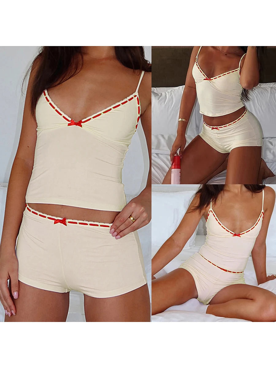 Cozy Two-piece Sleepwear Set With Bow Detail V Neck Cami Top And Soft Polyester Shorts For Lounging