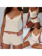 Cozy Two-piece Sleepwear Set With Bow Detail V Neck Cami Top And Soft Polyester Shorts For Lounging