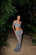 Mesh Two Piece l Set With Long Sleeve Backless Crop Top And Sheer Skirt