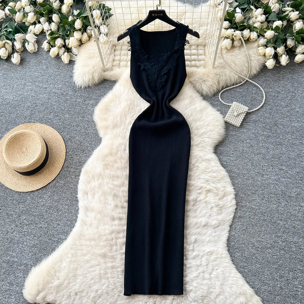 French Style Lace Knit Sleeveless Bodycon Maxi Dress
