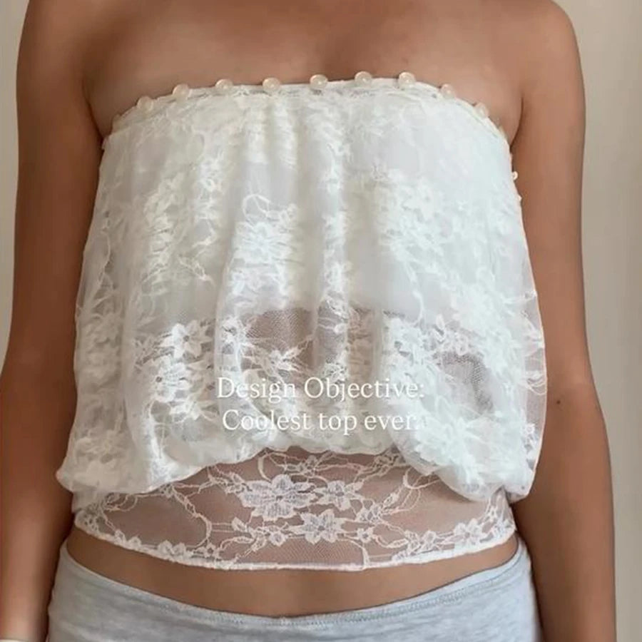 Elegant Lace Embroidery Top With Sheer Fabric And Button Front Short Sleeves