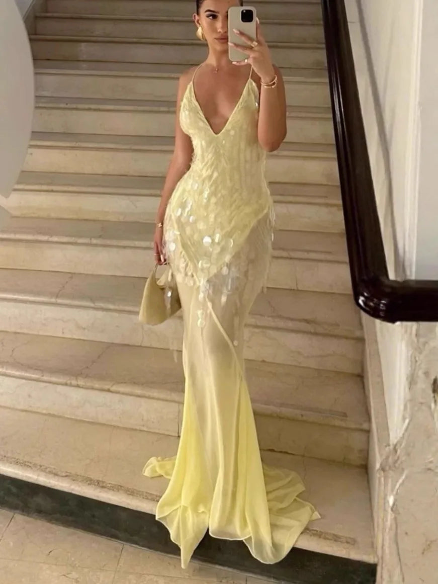 Sequin Deep V Neck Mermaid Maxi Dress Backless Sleeveless Lace Up Gown