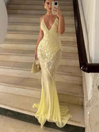 Sequin Deep V Neck Mermaid Maxi Dress Backless Sleeveless Lace Up Gown