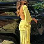 Backless Party Maxi Dress With O Neck Slim Pleated Ribbon Detail