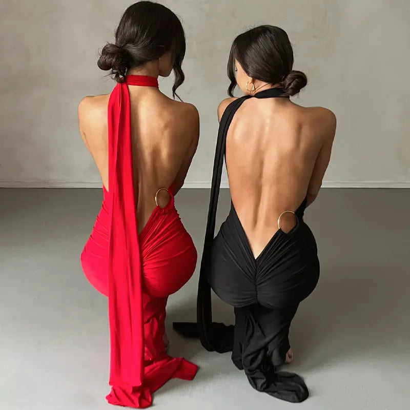 One Shoulder Backless Ruched Slim Long Dress