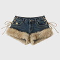 Retro Fluffy Spliced Denim Shorts With Strap Details Low Rise Fit