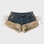 Retro Fluffy Spliced Denim Shorts With Strap Details Low Rise Fit