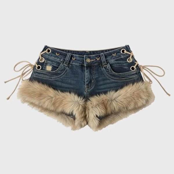 Retro Fluffy Spliced Denim Shorts With Strap Details Low Rise Fit