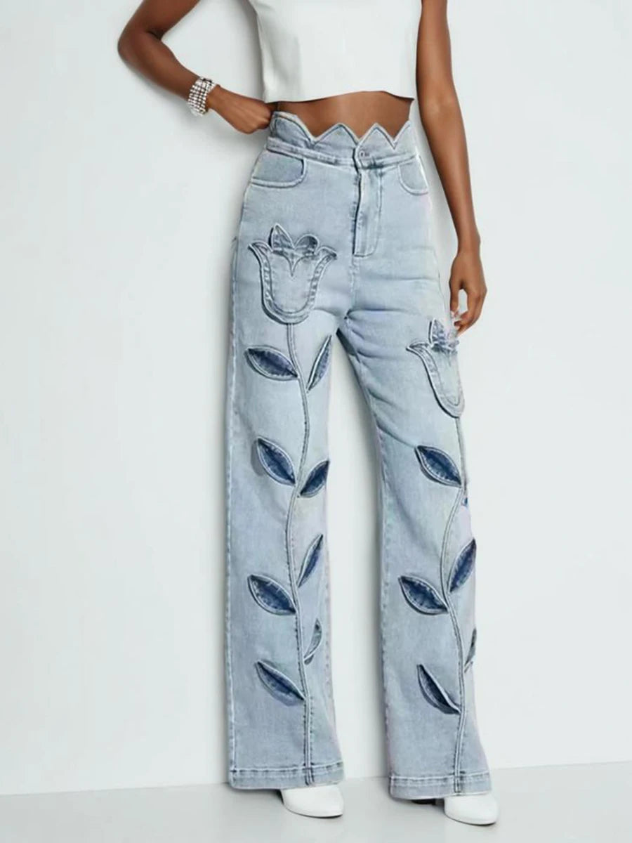 Floral Design Sense Casual Denim Trousers For Women High Waist Spliced Button  Loose Wide Leg Pants